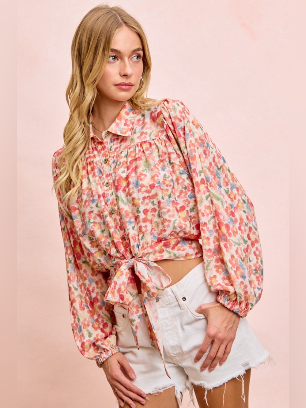 BiBi Floral Print Tie Hem Detail Crop Shirt